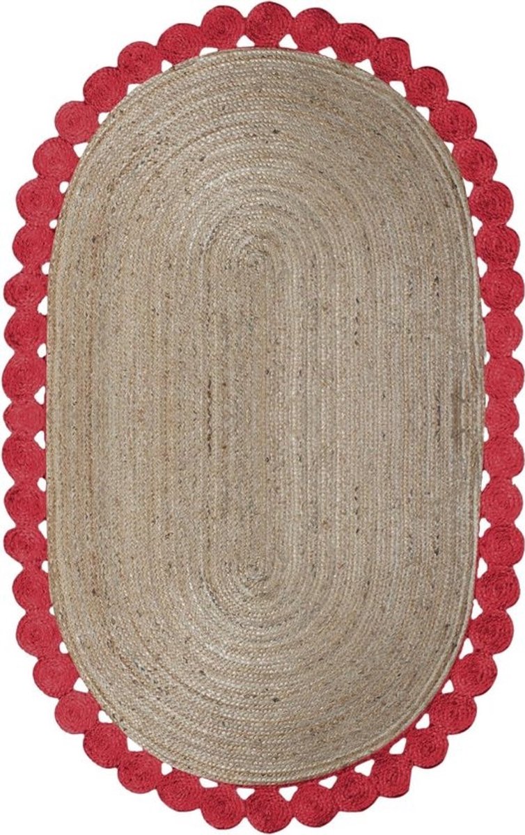Ovaal Jute Tapijt - Vloerkleed Binnen Buiten - Woonkamer Decoratie - Handgemaakt Gevlochten Ontwerp - 150x240 cm - Rood Beige