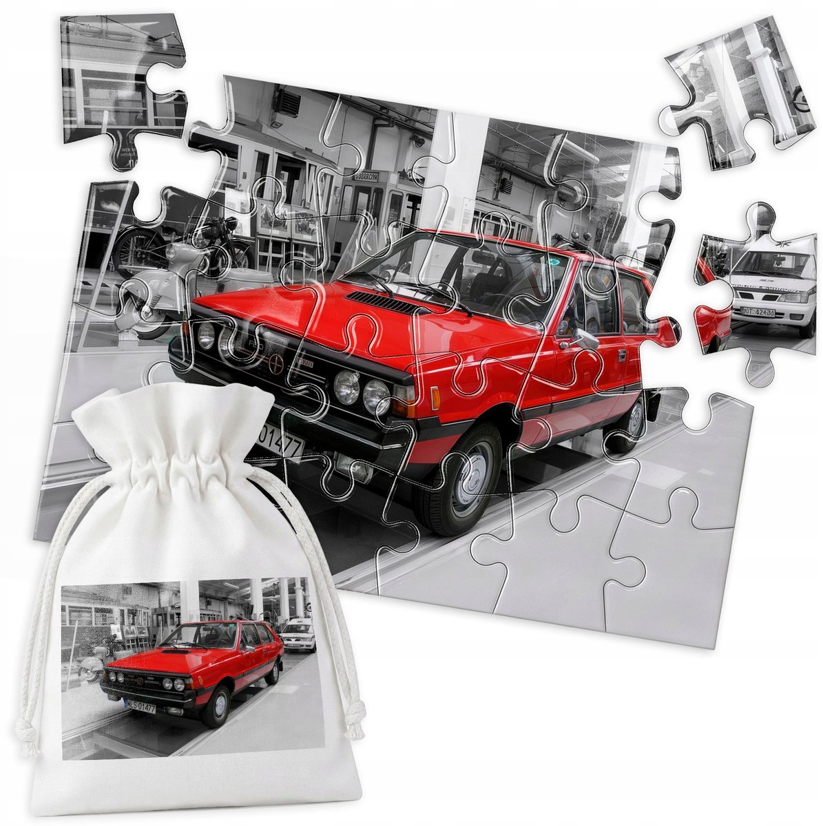 Traditionele Puzzel: Rode Auto FSO Polonez - 24 Stukjes