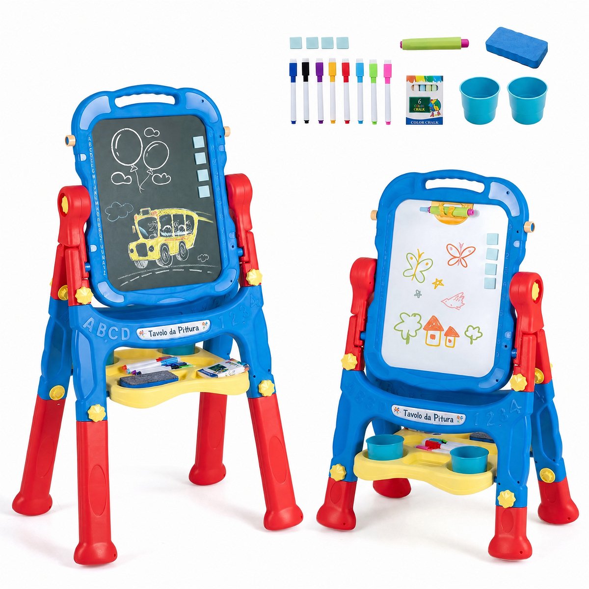 COSTWAY 4-in-1 kinderbord, dubbelzijdige kinderezel (blauw en rood)