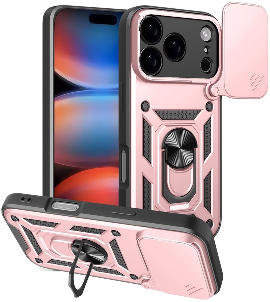 MobyDefend Hoesje - Geschikt voor iPhone 18 Pro - Pantsercase Met Draaibare Ring - Rosé