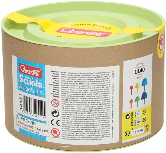 Doos met Quercetti 'School-Line' mozaïek stiften. Zijkant toont 4 gekleurde stiften en recyclinglogo's. 1140 stukjes.