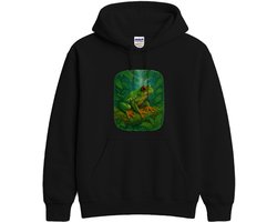 Kikker Hoodie – Vrolijke Groene Kikker op Mosbedekte Boomstronk – Jungle Outfit – Unisex Hoodie voor Dames & Heren – Origineel Cadeau