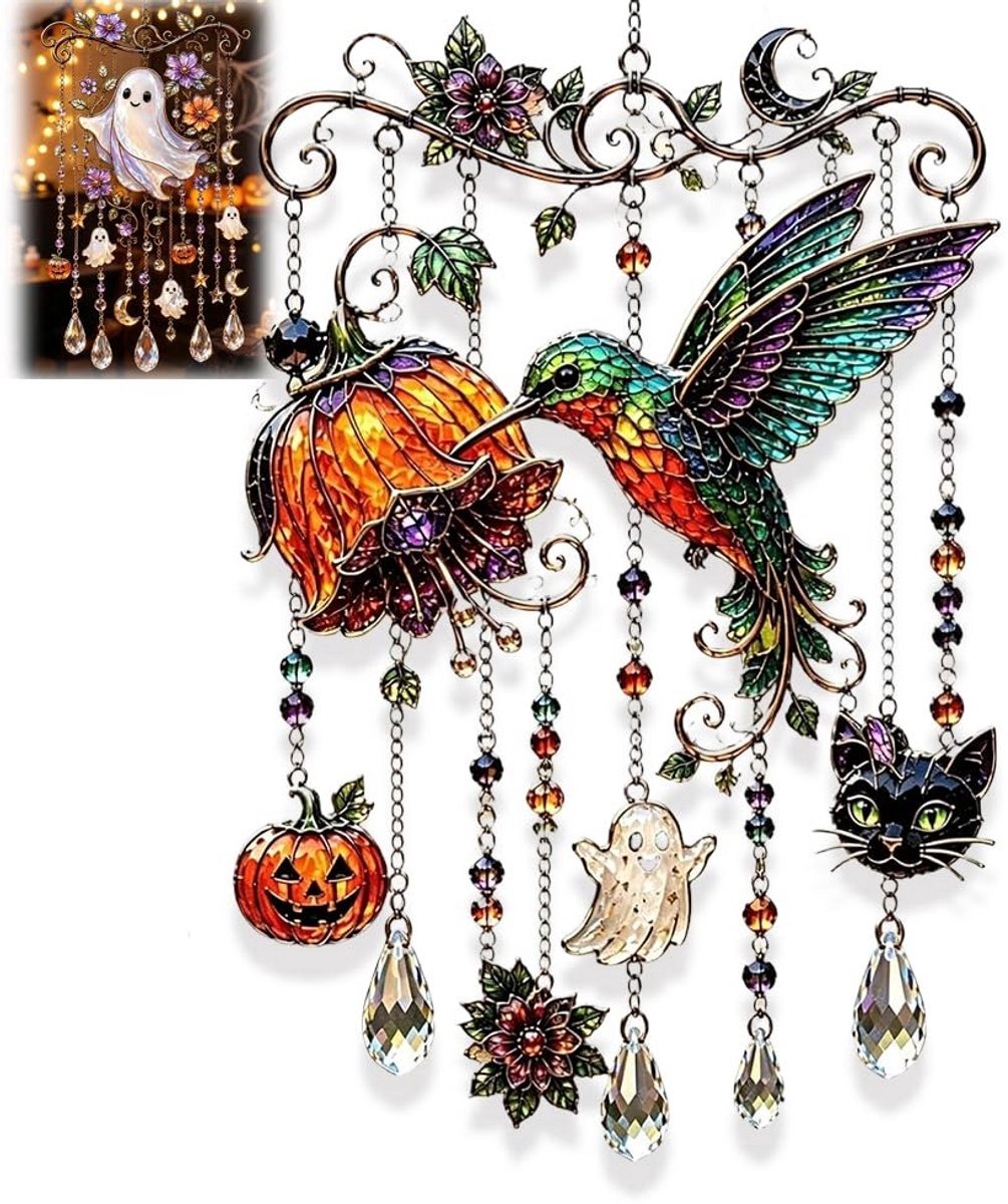 Casalora® Halloween Kristallen Windspel - Gotische Glinsterende Acryl Hangende Decoratie - Buitendecoratie voor Tuin, Veranda, Balkon en Raam (Kolibrie & Pompoen) - Spookachtig Schattig Herfst Cadeau