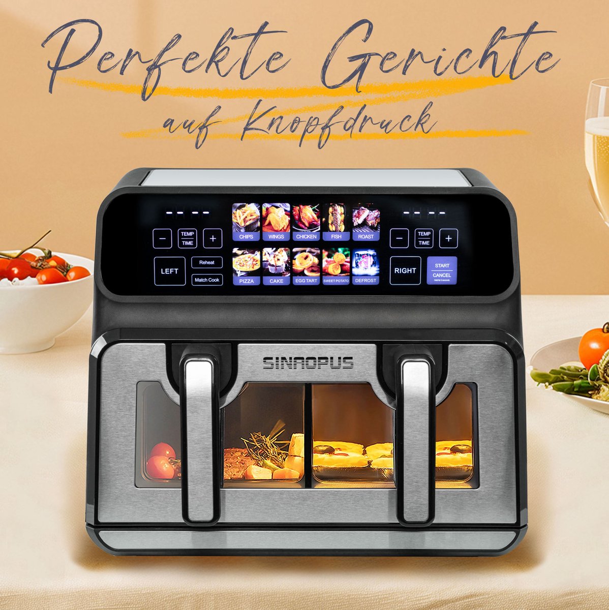 MODFU - Heteluchtfriteuse - Dubbele Kamer - 2200 W - Touch-LED - Zwart