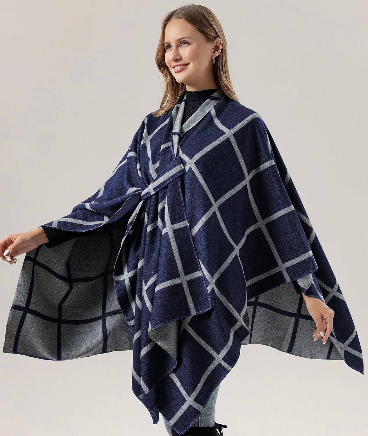 Warme Poncho voor Dames - Donkerblauw - One Size Grote Maten - Zachte Cape met Dubbelzijdig Ontwerp - Voor Herfst en Winter