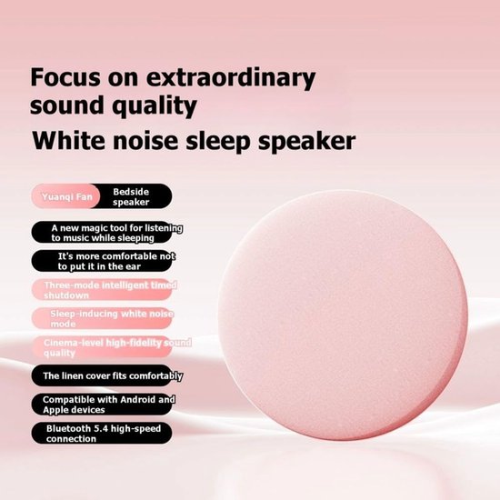 Kussenspeaker Slaapspeaker Bluetooth 5.4 - Witte Ruis Luidspreker onder het Kussen - Timer 30 60 90 Minuten Type-C - Slaapkamer Reizen - Roze — afbeelding 3