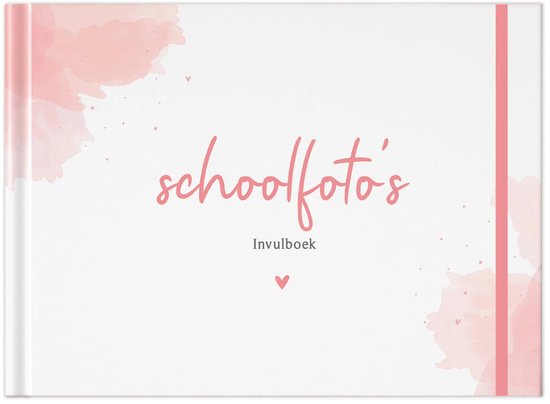 Wit invulboek voor schoolfoto's met roze aquarelaccenten, een roze elastiek en hartjesmotief.