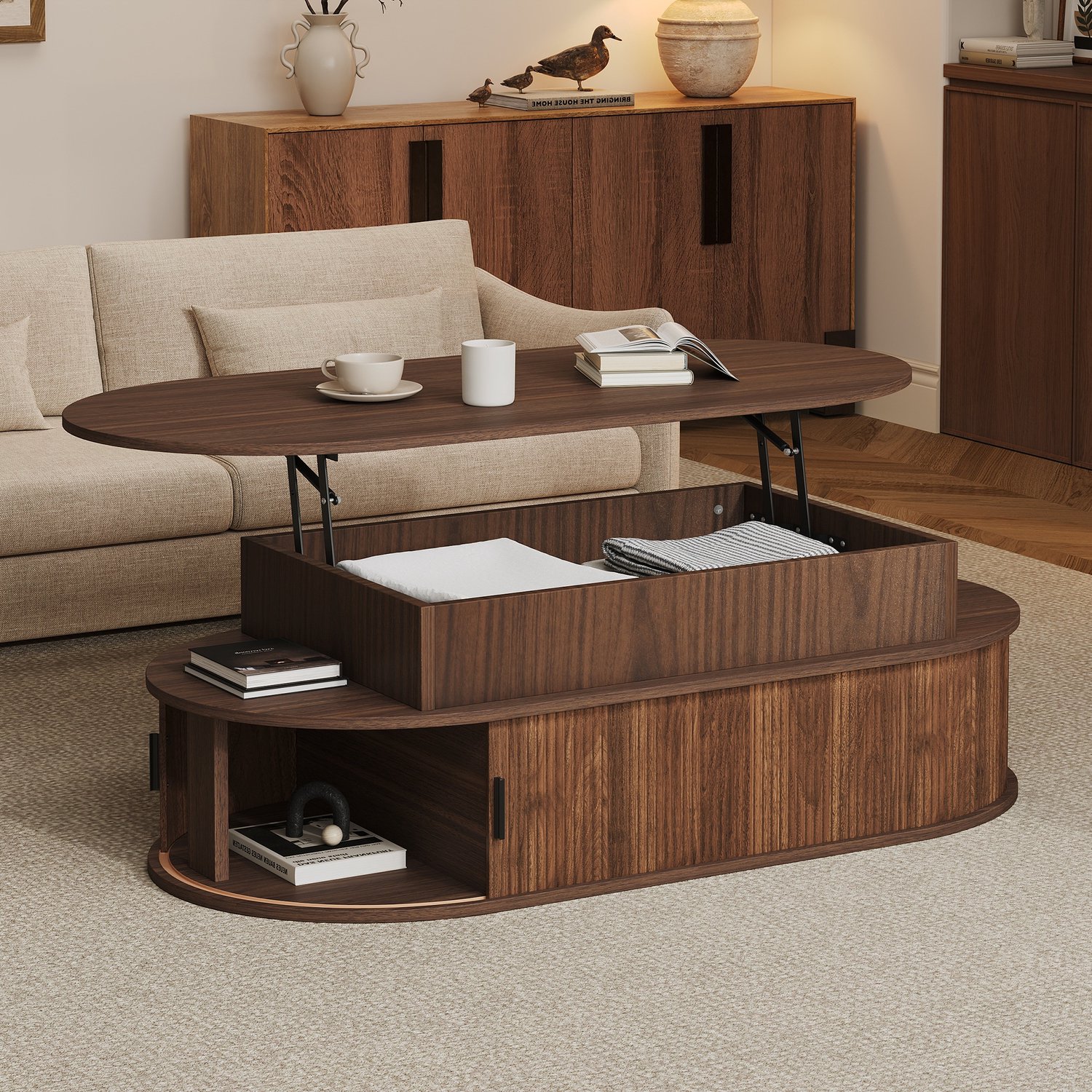 PHOEBE CAT Salontafel - In hoogte verstelbaar tafelblad - Schuifdeuren - 100 × 50 × 40 cm - Walnootkleurig