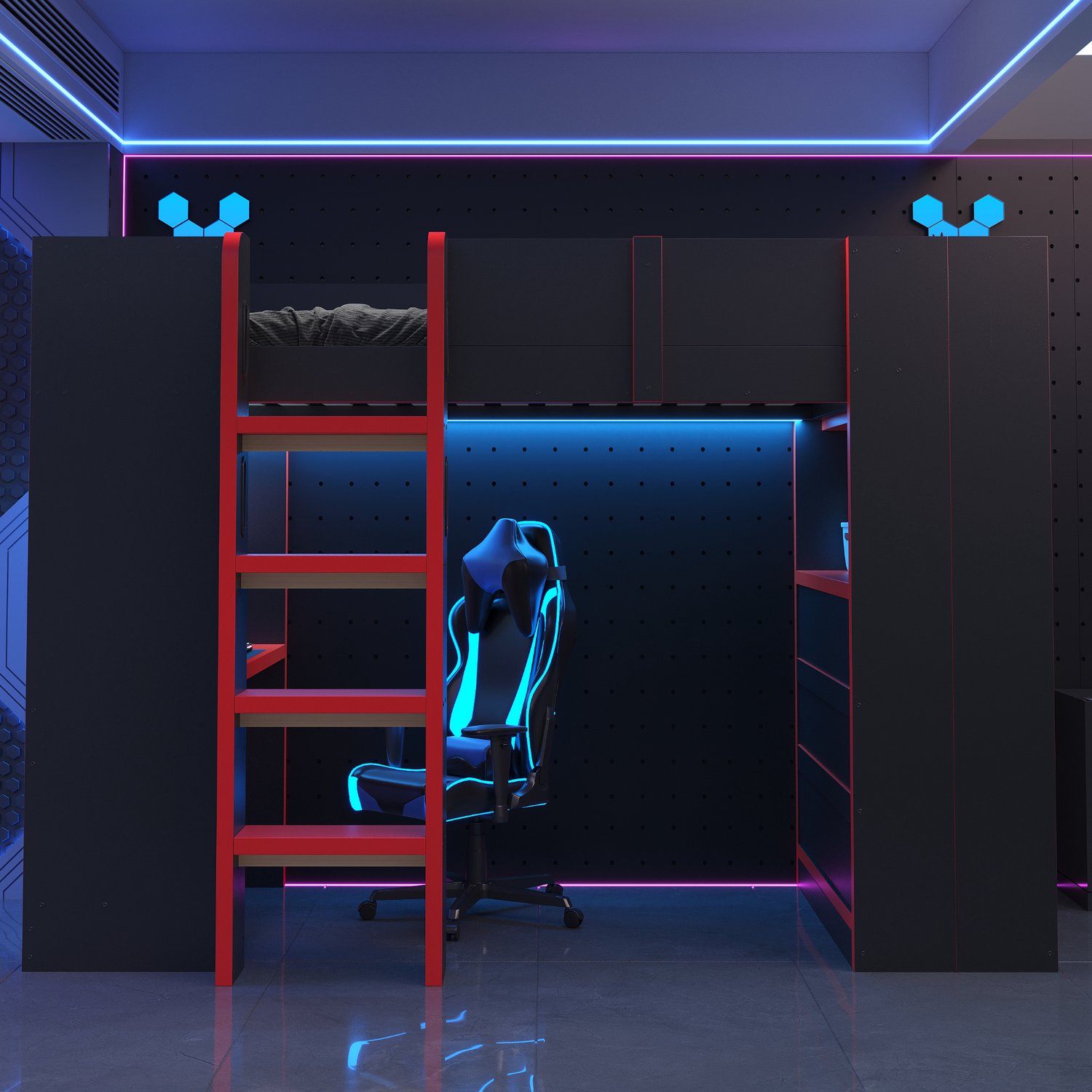 OOIILLEE "Multifunctioneel hoogslaper 90 x 200 cm, Met bureau, computerhouder, meervoudige plank, eenvoudige kledingstandaard, stopcontact en LED-verlichting, met veilige ladder, zwart-rood" Zwart+Rood