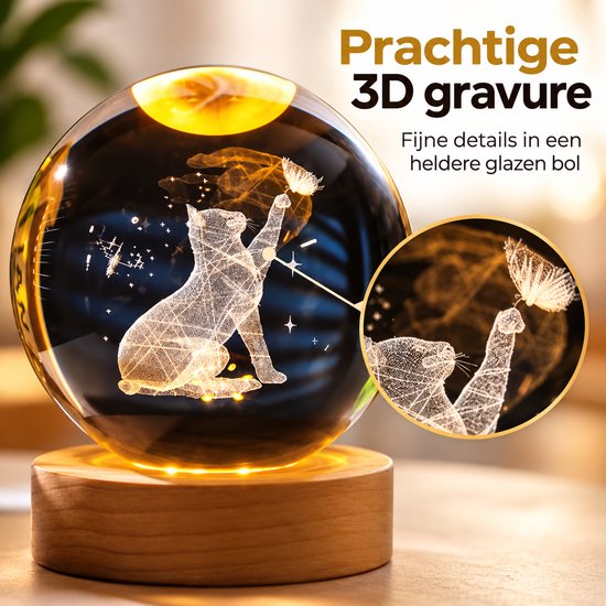 Klarigo® Nachtlamp – Kat - Poes - 3D LED Lamp – Glazen Bol – Warm Licht – Bureaulamp – Nachtlampje Kinderen – Creative lamp van Klarigo — afbeelding 2