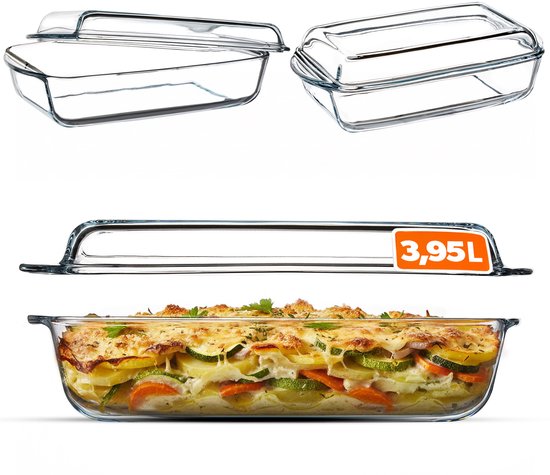 Ovenschotel van hittebestendig glas, vuurvast potje, glazen braadpan met deksel en handgrepen, servies voor het braden, oven, elektrische fornuis, voor lasagne, vlees, transparant (rechthoekig, 3,95 l) KADAX