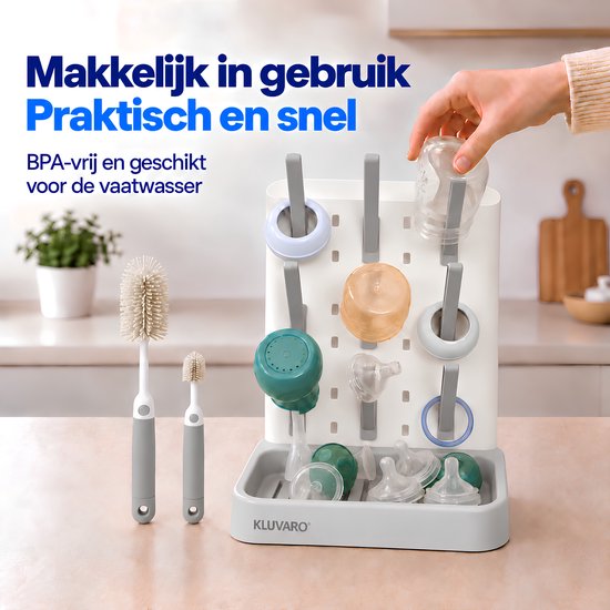 Kluvaro Flessen droogrek - Droogrek voor Babyflessen en Flesvoeding Accessoires - 2 Flessenborstels - Afdruiprek - Grijs — afbeelding 5