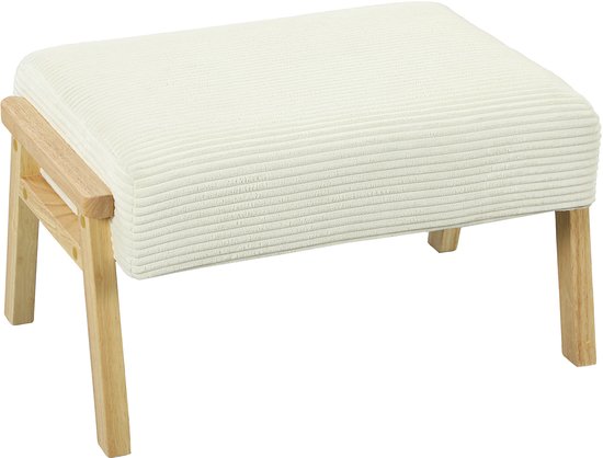 Crèmewit voetenbankje met ribstof bekleding en houten frame, op witte achtergrond.