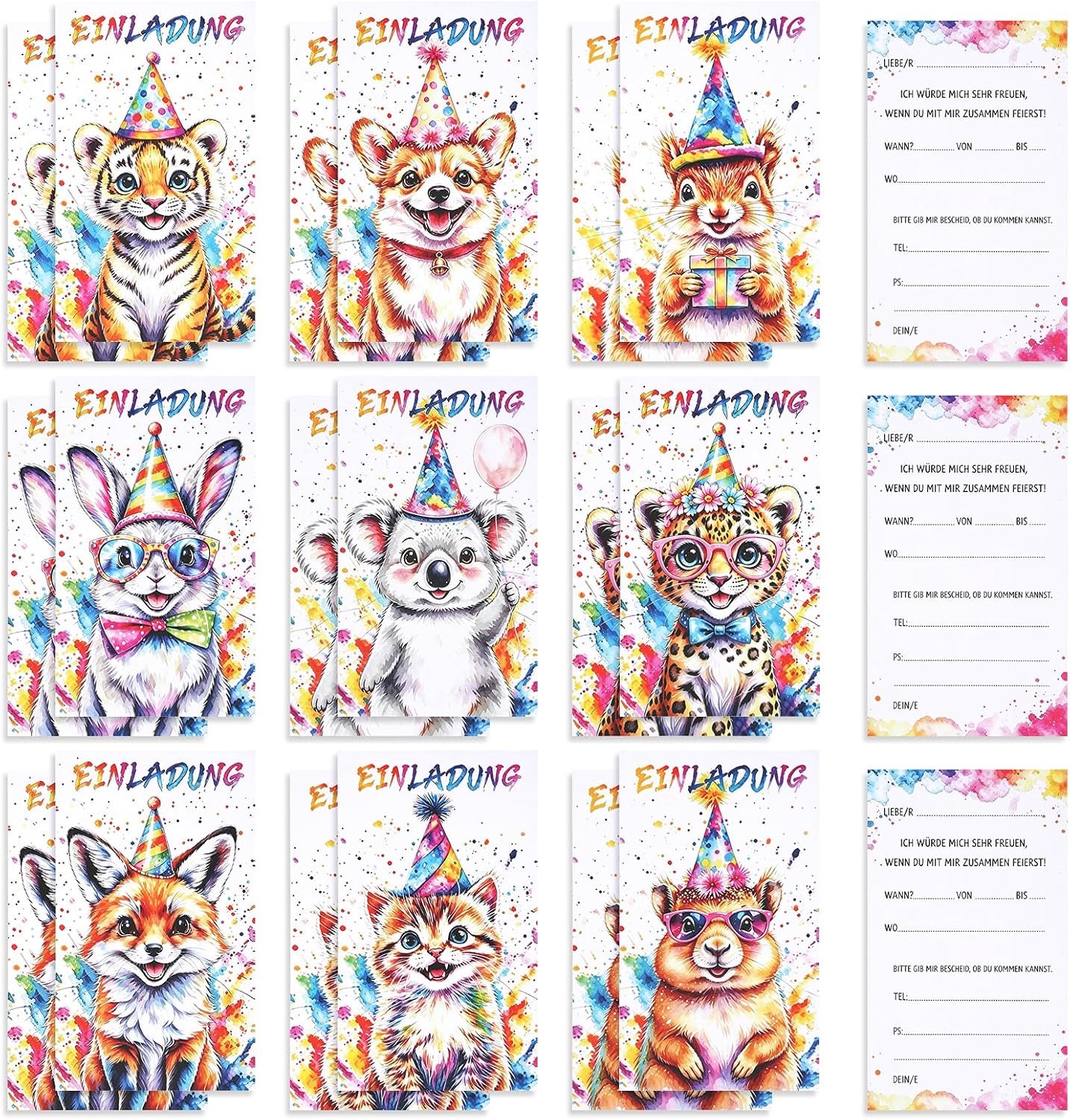 18 Uitnodigingskaarten kinderfeestje, 9 soorten dieren stickers