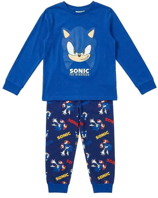 Blauwe pyjamaset met Sonic-gezicht op de top en Sonic-patroon op de broek.