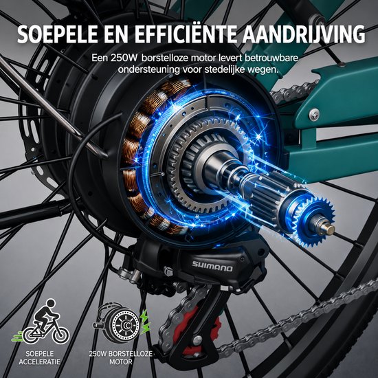 VELOPRO C1 Pro Elektrische Fiets - 250W Motor - 36V18Ah Accu - 28x1.95" Banden - Max Snelheid 25km/u - Max Bereik 80-100km - Shimano 7-Snelheden - groen — afbeelding 2