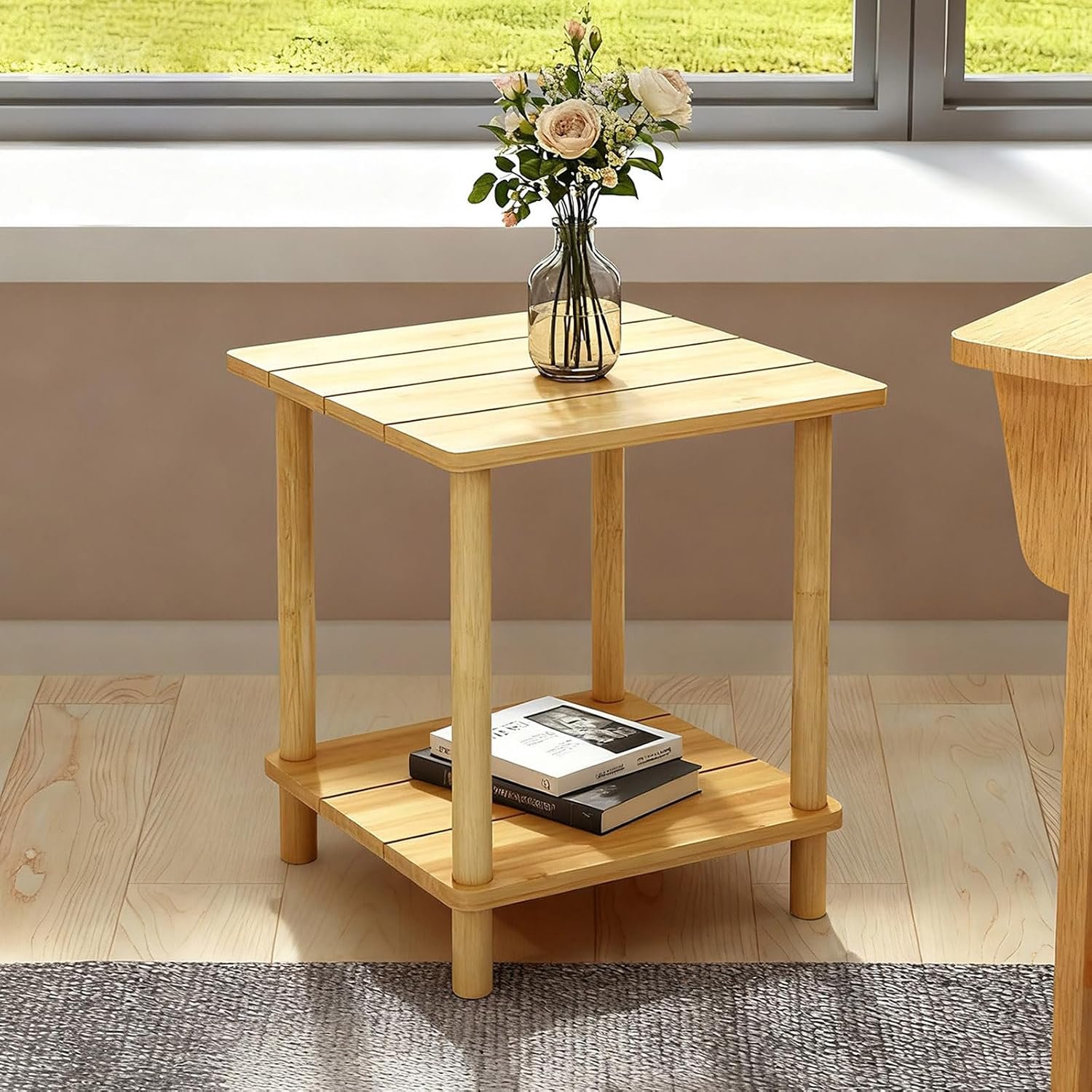 2-delig bijzettafel, voor binnen en buiten, bamboe, voor terras, tuin, zwembad