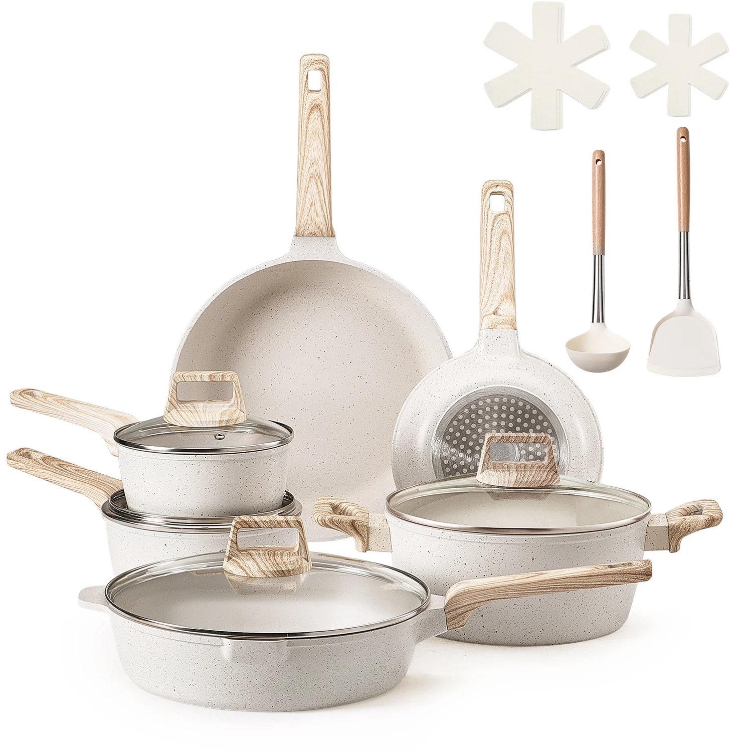 Veya Pannenset Beige - Inductie - Gas - Elektrisch koken - Pannensets - 6 Pannen - 17-delig - Anti-aanbaklaag - Granietlook
