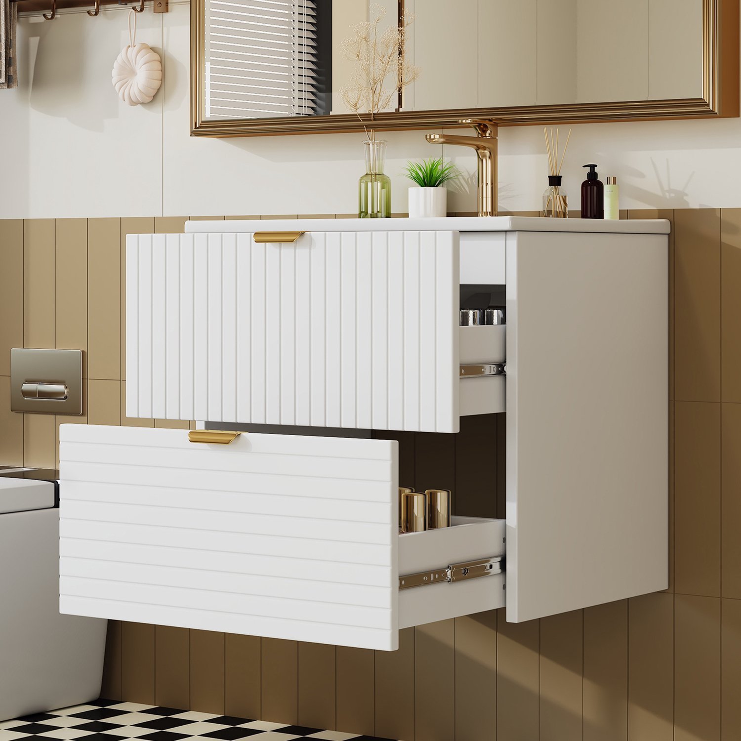 Wastafelkast - Wandhangend Badkamermeubel Met Geïntegreerde Keramische Wastafel - 2 Softclose Lades - 61 x 46 x 57 cm - Wit MDF