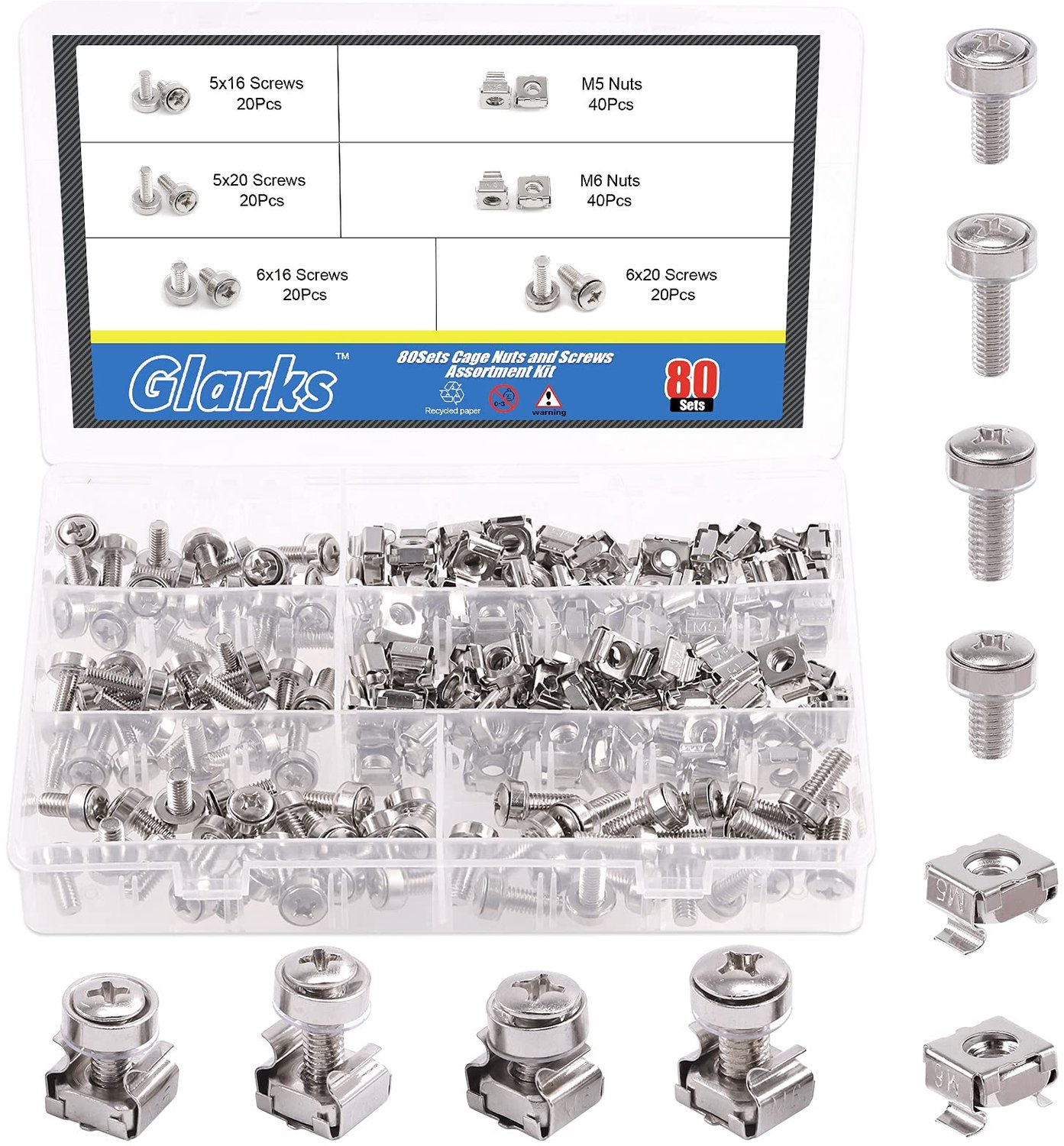 80 Sets M5 M6 Kooi Moeren en Schroeven Set - Zilver voor Server Rack
