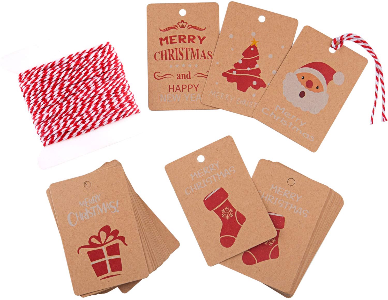 Cadeaulabels 50 Stuks - Kraftpapier - 5 Kerstmotieven - Koord om op te Hangen - Verpakkingsetiketten - Ideaal voor Knutselprojecten - Cadeaukaartjes
