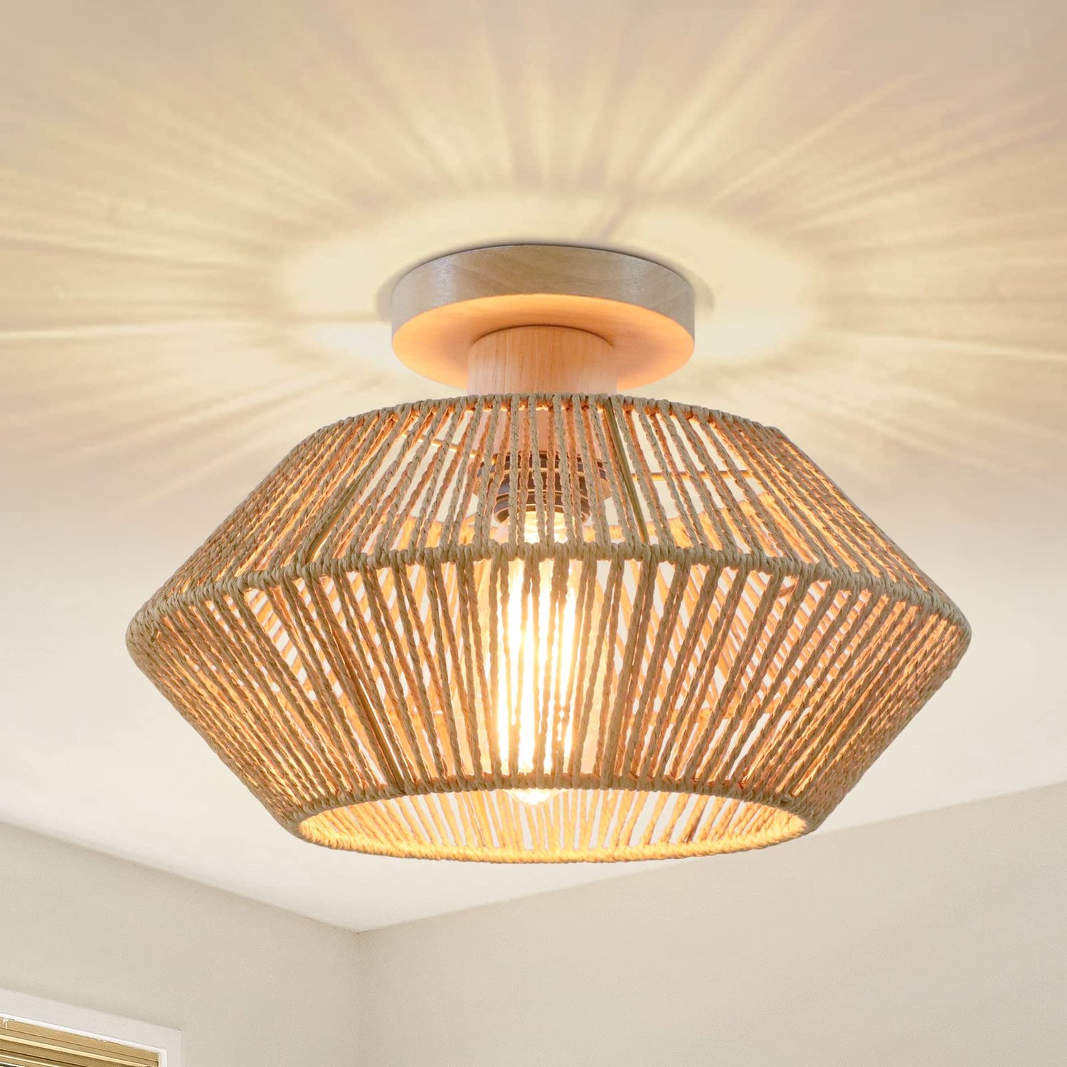Handgeweven Rieten Plafondlamp voor Woonkamer en Slaapkamer