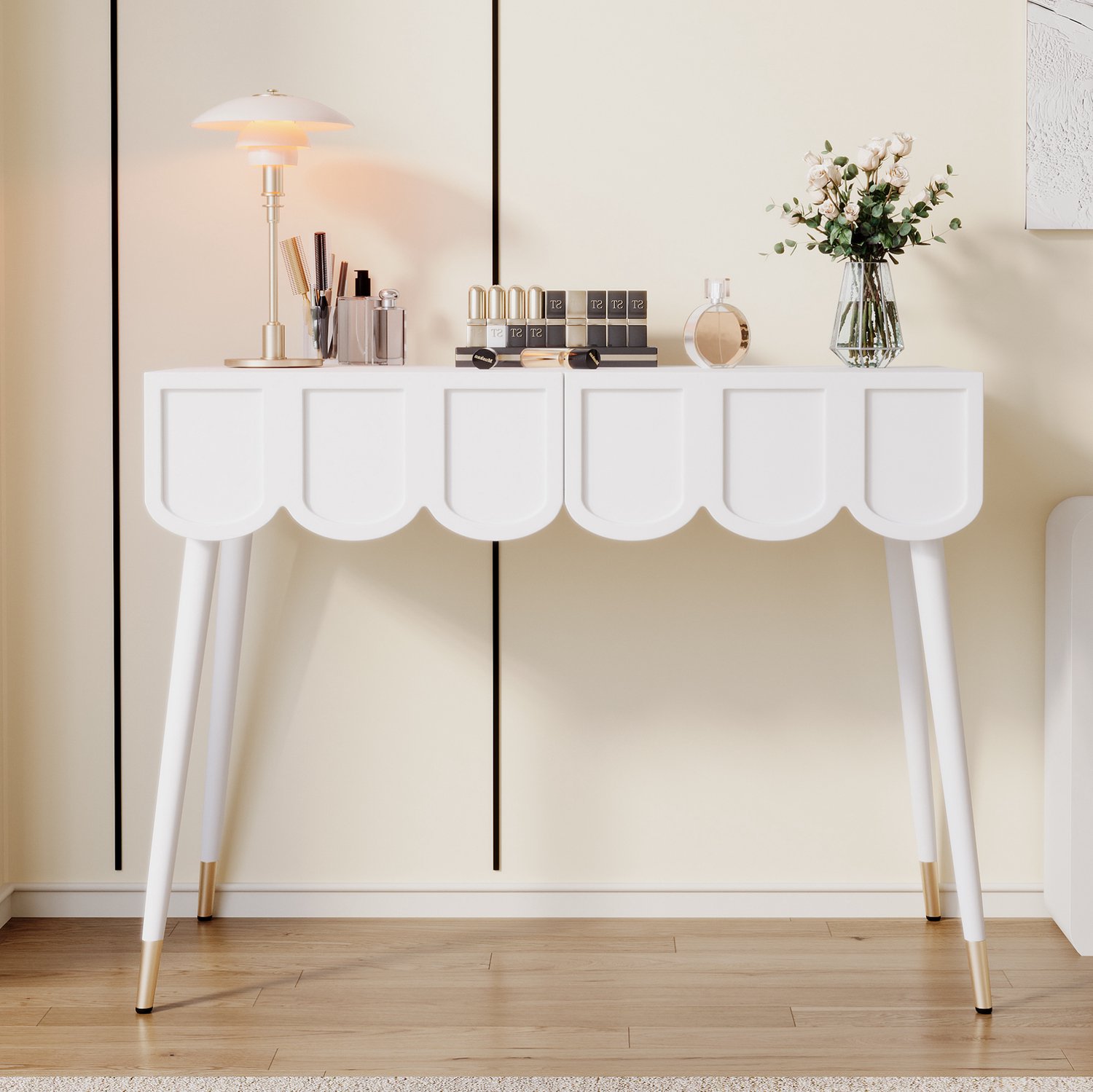 MEUNIQ Kaptafel met 2 lades en metalen poten, 100 x 40 x 76 cm, wit – make-uptafel en bureau voor de slaapkamer of het thuiskantoor