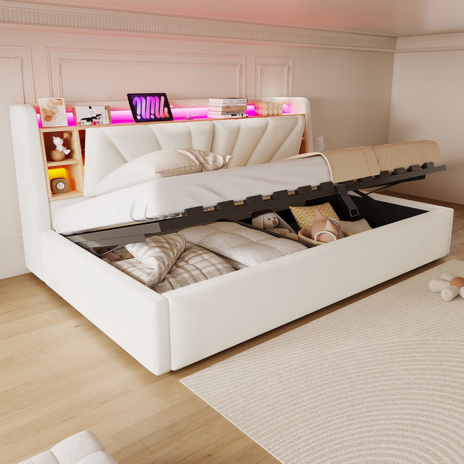 Sweiko Slaapbank - 90 × 200 cm - Gestoffeerd bed - Opbergruimte - LED-verlichting - Oplaadaansluiting - Velvet - Beige