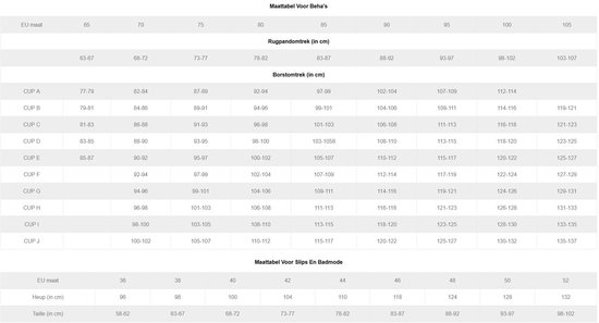 Maattabel voor Beha's en Slips met EU-maten, rugomtrek, borstomtrek en heupmaten in centimeters.