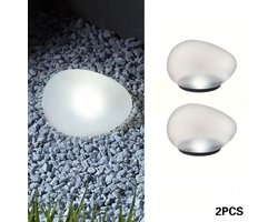 Merkloos Solarlamp op Zonne-energie - Grondlamp - Tuinspot - Steenlamp - Matglas - Wit Licht - Set van 2 Stuks - 4 Lichtbronnen - Voor Tuin en Binnenplaats