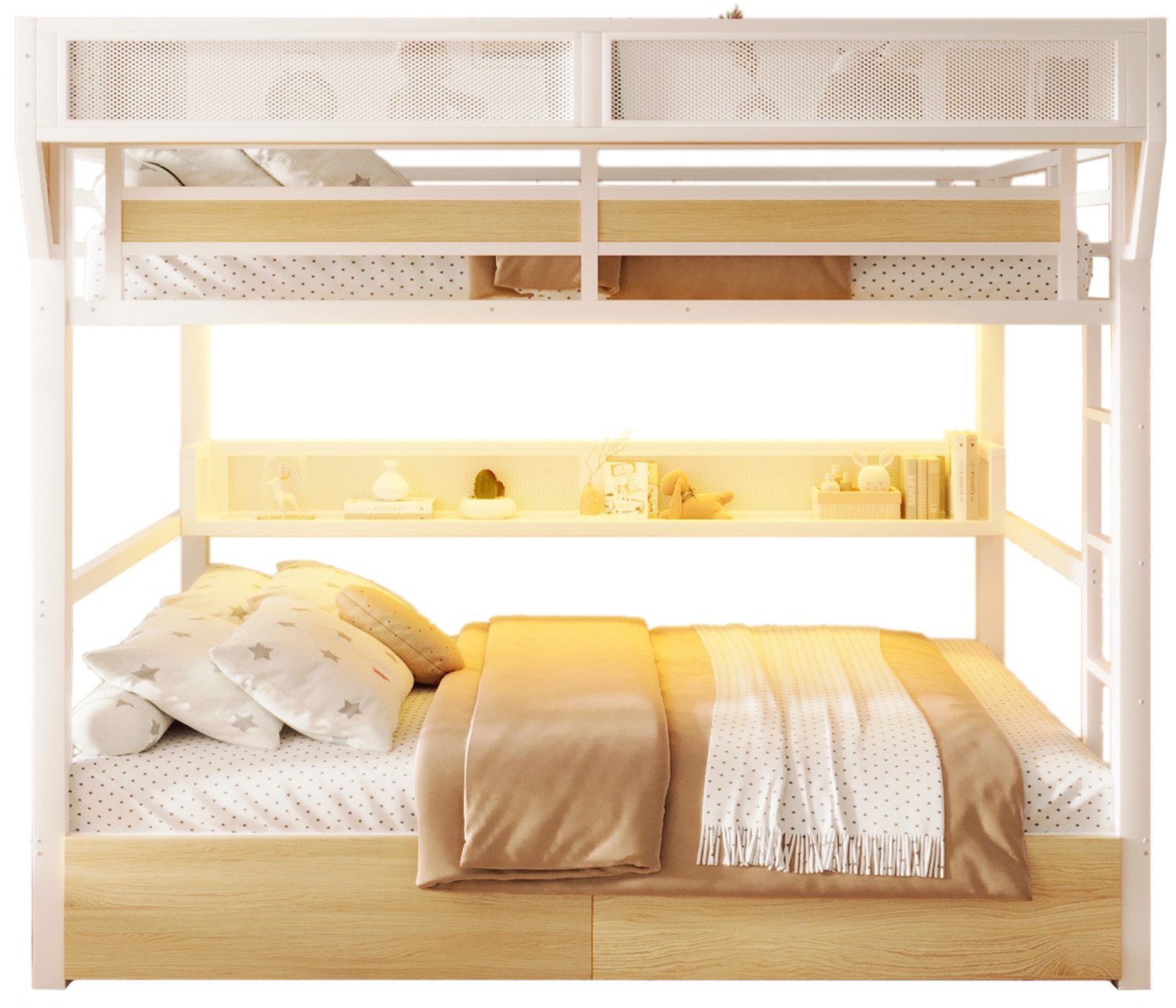 REDOM Stapelbed 140x200 cm - Met 2 lades, opbergmand en LED-verlichting - Wit