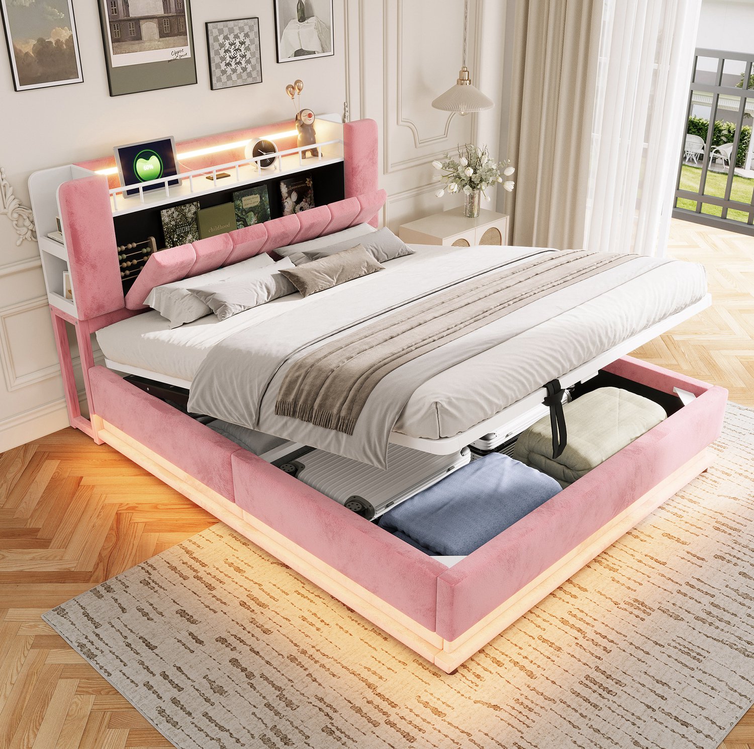 HAUSS SPOLE Gestoffeerd Bed 160x200 cm - Met Ledverlichting en Usb Aansluiting - Hydraulische Opbergruimte - Zonder Matras - Fluweel - Roze