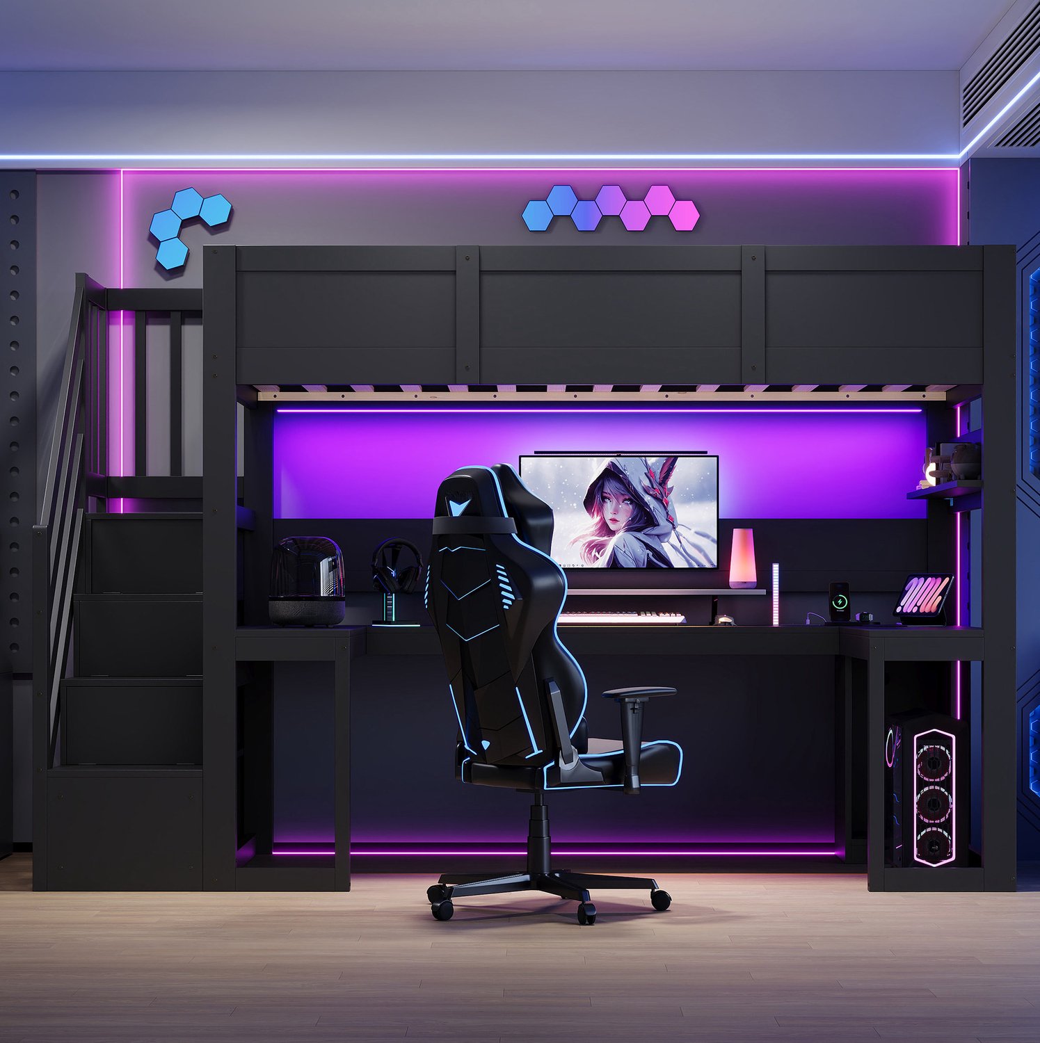 HAUSS SPOLE Hoogslaper 90x200 cm - Met Bureau en Opbergtrap - Ledverlichting en Usb-Aansluiting voor Spelen en Studeren - Hout en MDF - Zwart