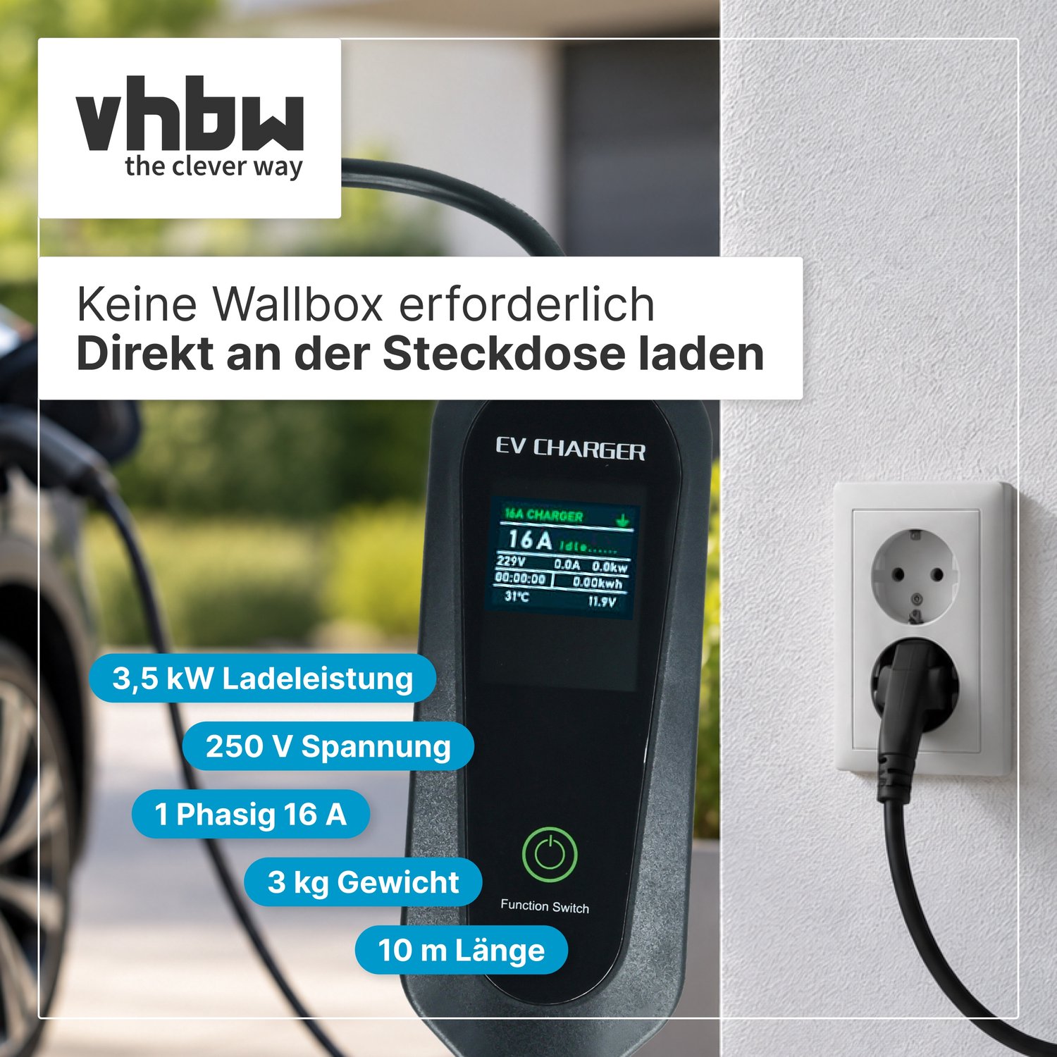 vhbw type 2 laadkabel 3,5 kW 16 A 1-fasig 10 m, compatibel met Fiat E-Ulysse elektrische auto – kabel voor wallbox en huishoudelijk stopcontact type F CEE 7/7