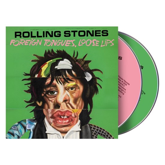 Rolling Stones cd-hoes 'Foreign Tongues, Loose Lips' met collage-stijl portret van Mick Jagger op groene achtergrond.