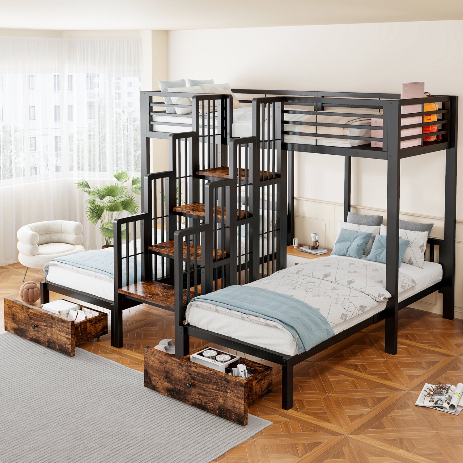 HAUSS SPOLE Stapelbed 90x200 cm - Drie Slaapplaatsen met Centrale Trap en Hekwerk - Twee Laden voor Kinderkamers - Zonder matras - Metaal en Hout - Zwart