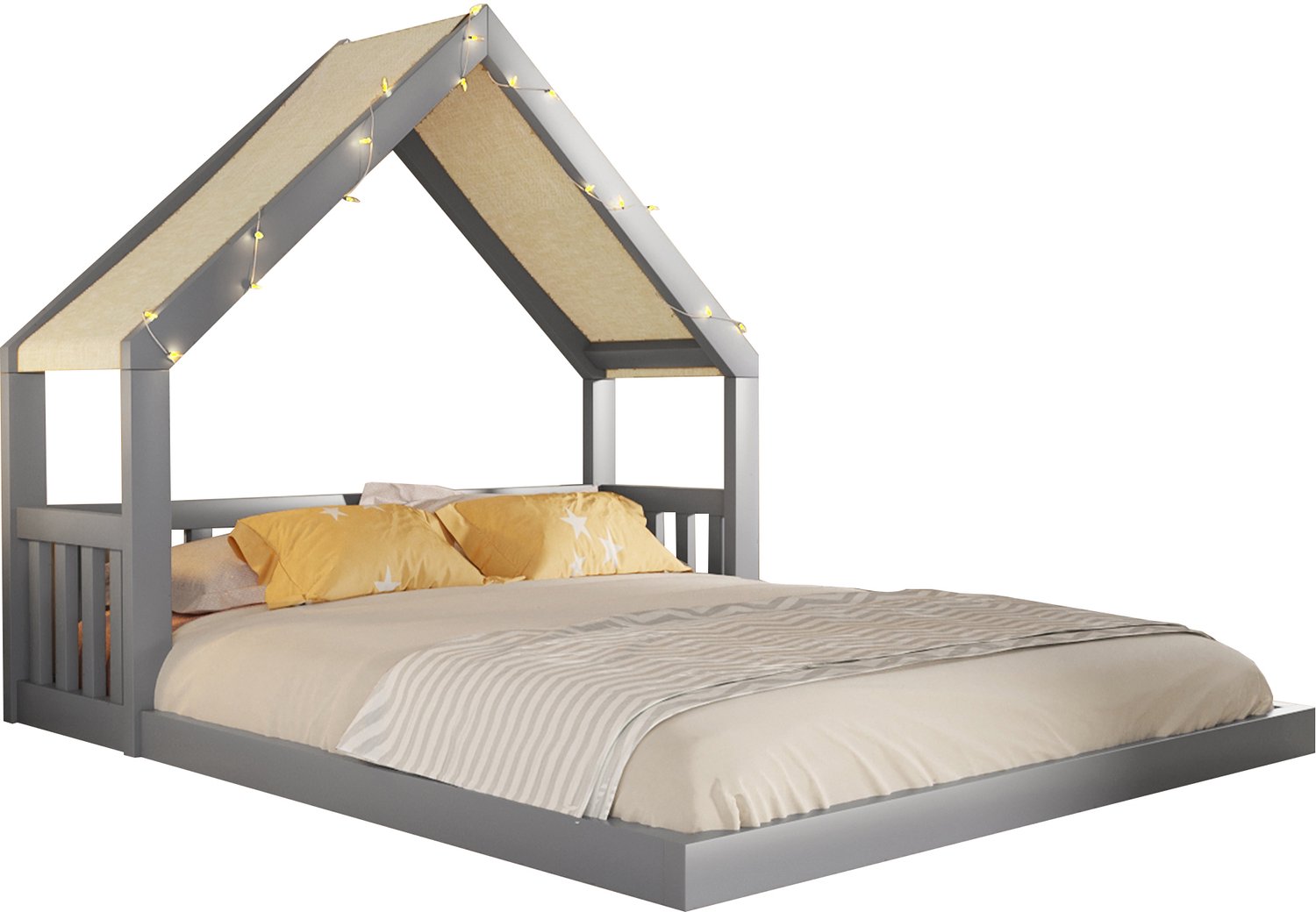 REDOM Huisbed 140x200 cm - Met stoffen dak en lichtslinger - MDF en grenenhout - Grijs