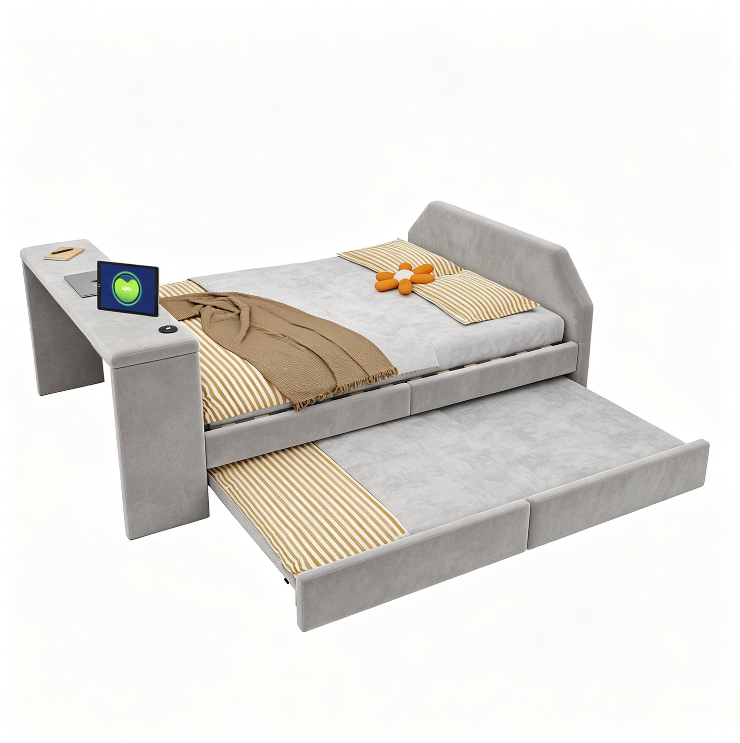 REDOM Gestoffeerd bed 140x200 cm - Met uitschuifbaar logeerbed, bureau en USB-aansluiting - Grijs