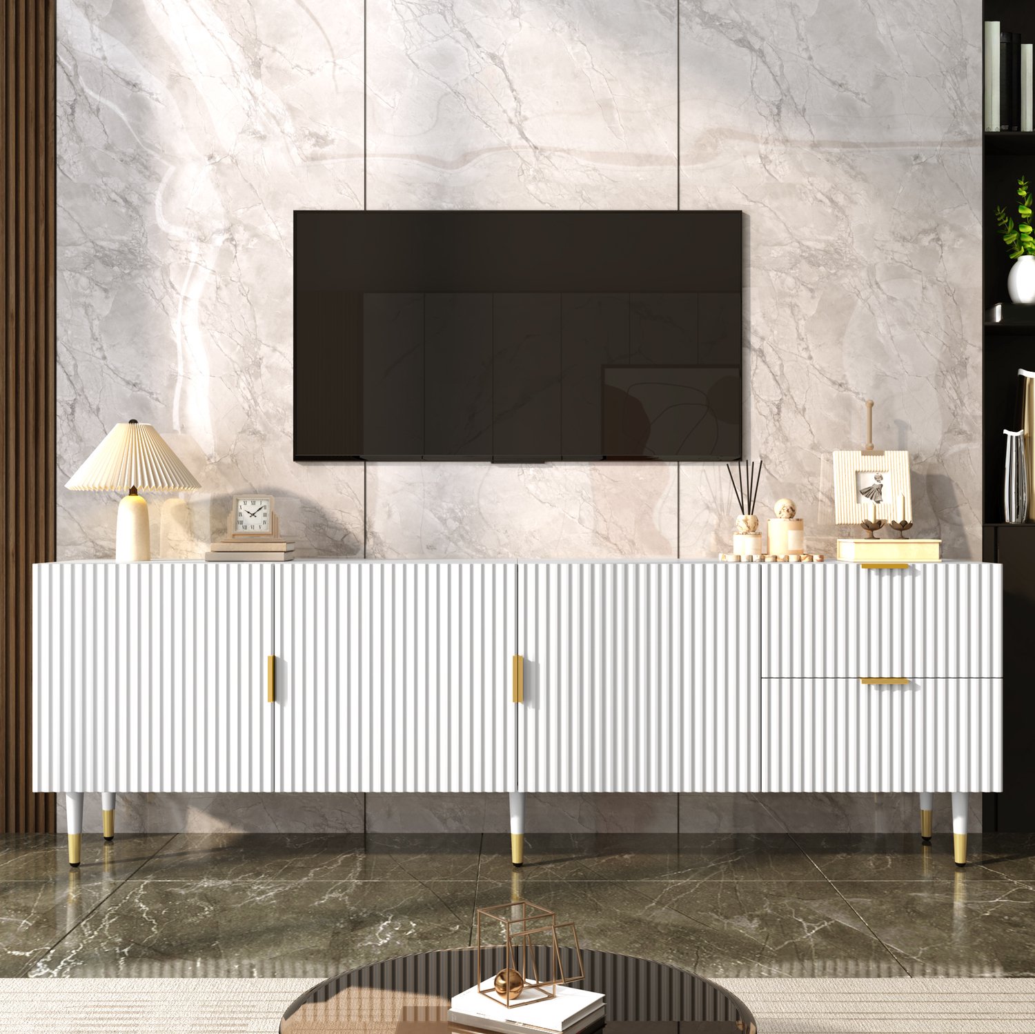 HAUSS SPOLE Tv-meubel - Drie Deuren en Lades - Kabeldoorvoer voor de Woonkamer - Mdf en Spaanplaat - Wit - 170x35,5x55 Cm