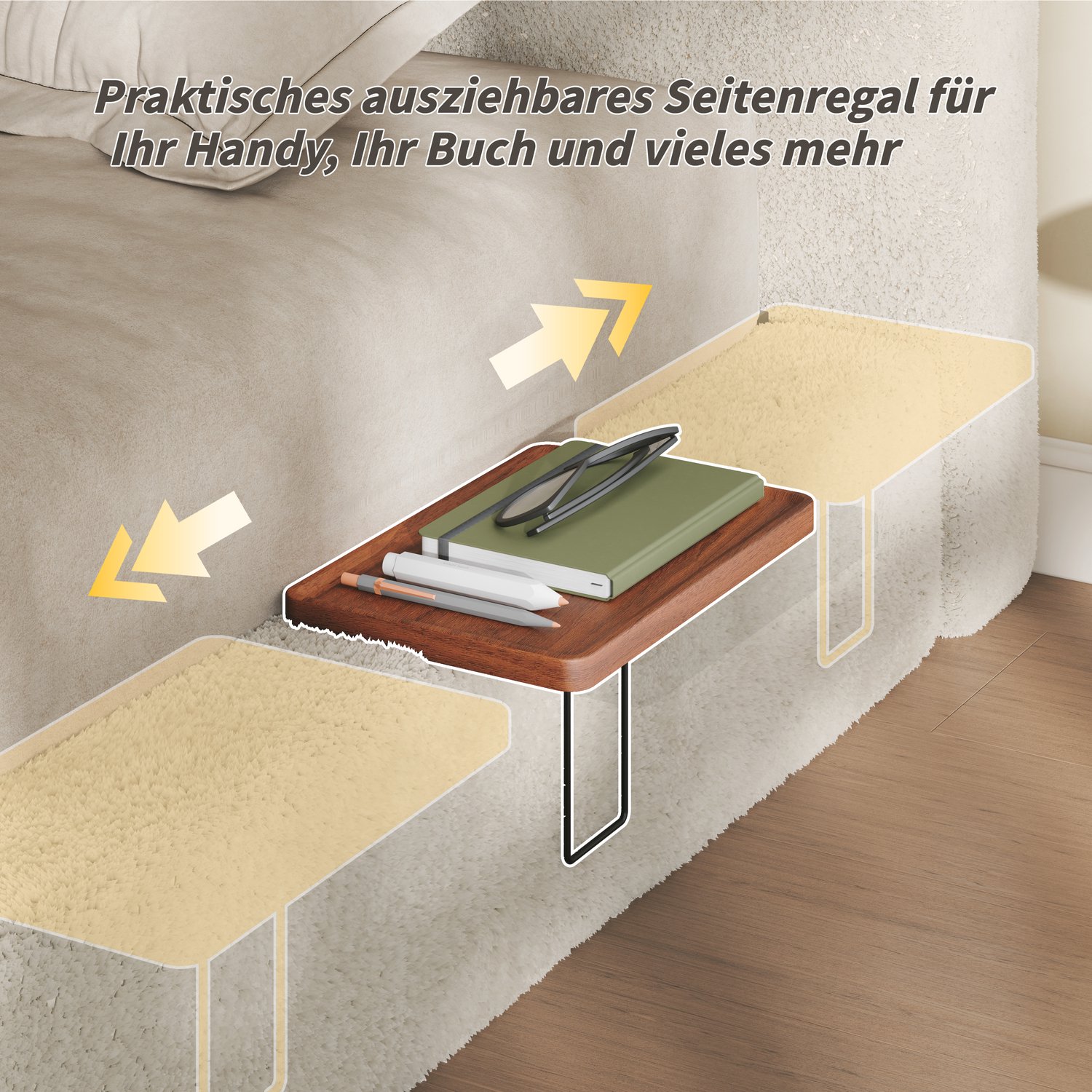 Wishdor Tweepersoonsbed 140x200 cm - Gestoffeerd bedframe met twee verschuifbare houten zijtafels - Lage gepolsterde ombouw en lattenbodem - Metalen frame - Crèmewit