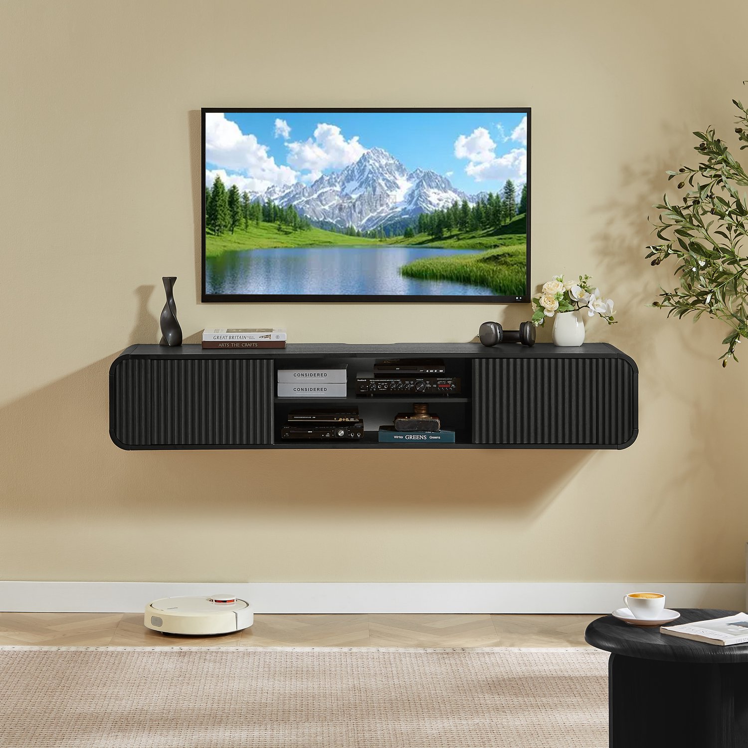 Wishdor Wandgemonteerd tv-meubel - Open vakken en opbergruimte achter deuren - Kabeldoorvoer en afgeronde hoeken - Woonkamer slaapkamer - Bewerkt hout - Zwart - 160 x 38 x 30 cm