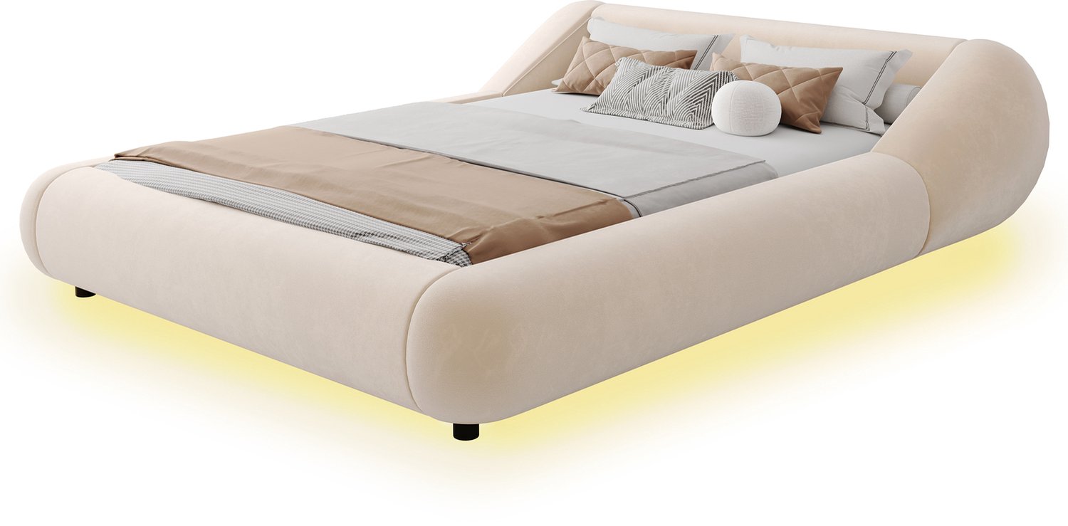 REDOM Gestoffeerd bed 140x200 cm - Gebogen hoofdbord en LED-verlichting - Beige fluweel