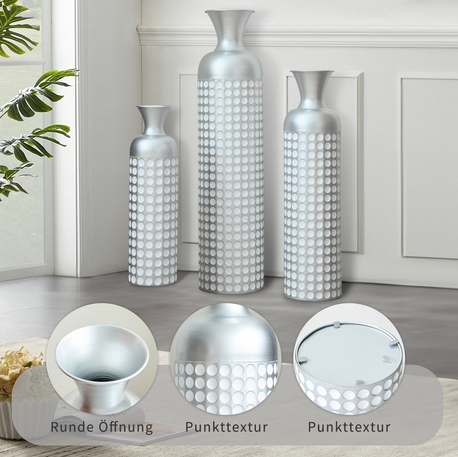 MEUNIQ Vloervazen set van 3 – metalen vazen van 49,5, 66 en 84 cm – zilver met stipmotief – voor droogbloemen en pampasgras in woonkamer of hal