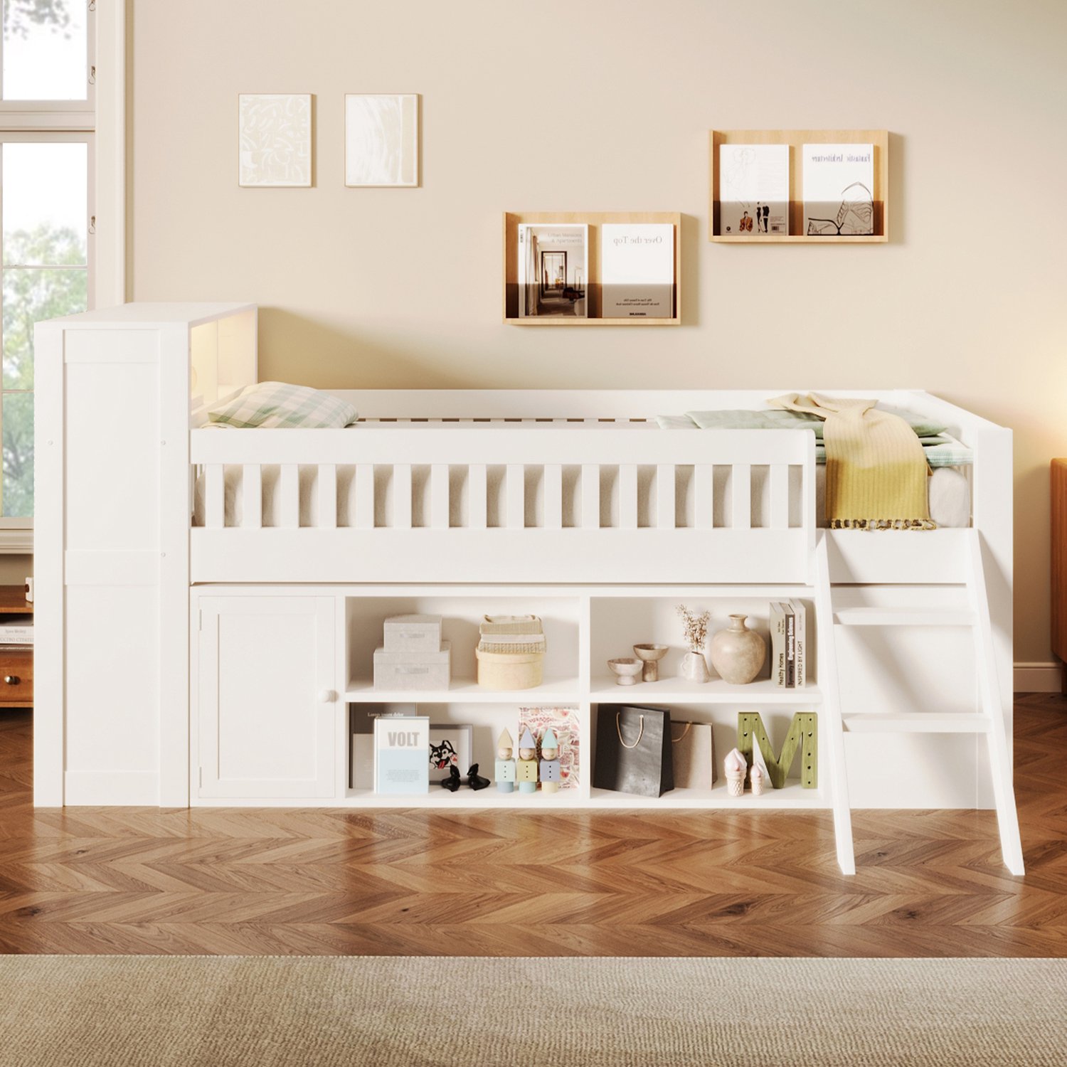 HAUSS SPOLE Halfhoogslaper 120x200 cm - Bed met Opbergruimte en Verlichting - Met Ladder en Uitvalbeveiliging - Zonder matras - MDF en Hout - Wit