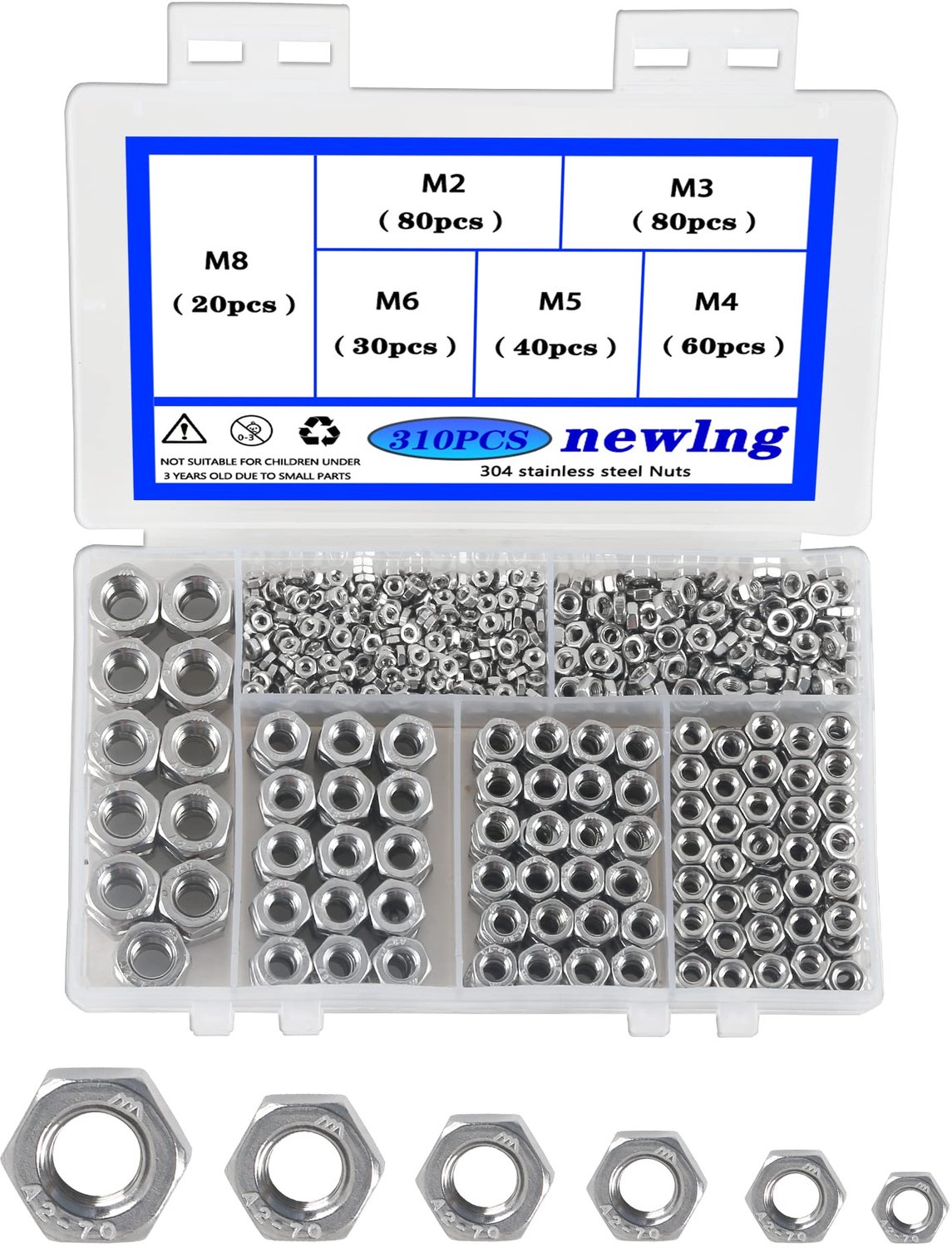 Set van 310 RVS Zelfsluitende Moeren, M2 tot M8