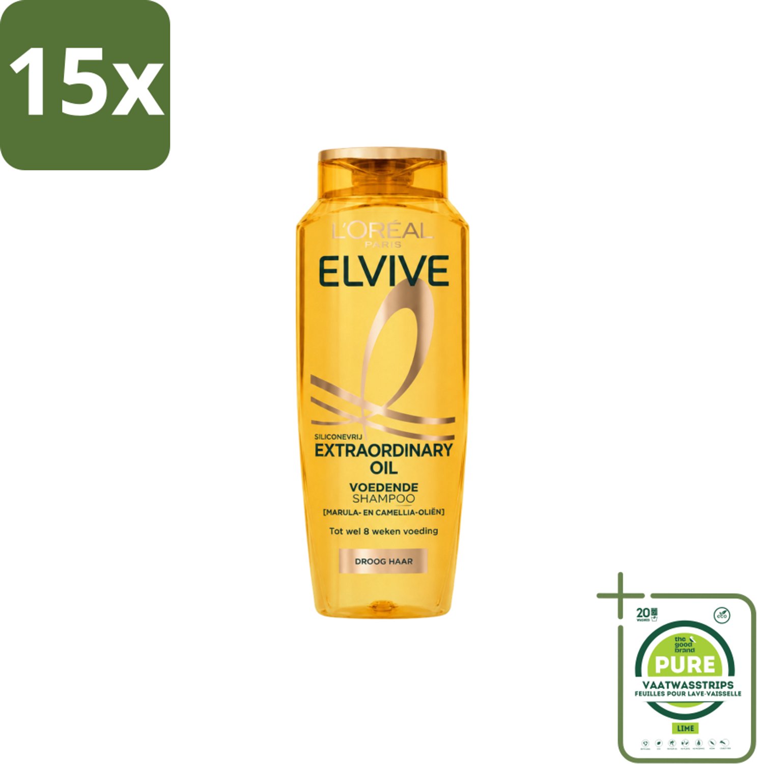 15 x L’Oréal Paris Elvive – Shampoo – Extraordinary Oil – Dun & Droog Haar – 250 ml - Grootverpakking - Vaatwasstrips - Droog Haar - Intensieve Verzorging - Marula-olie - Camellia-olie - Haarvoeding
