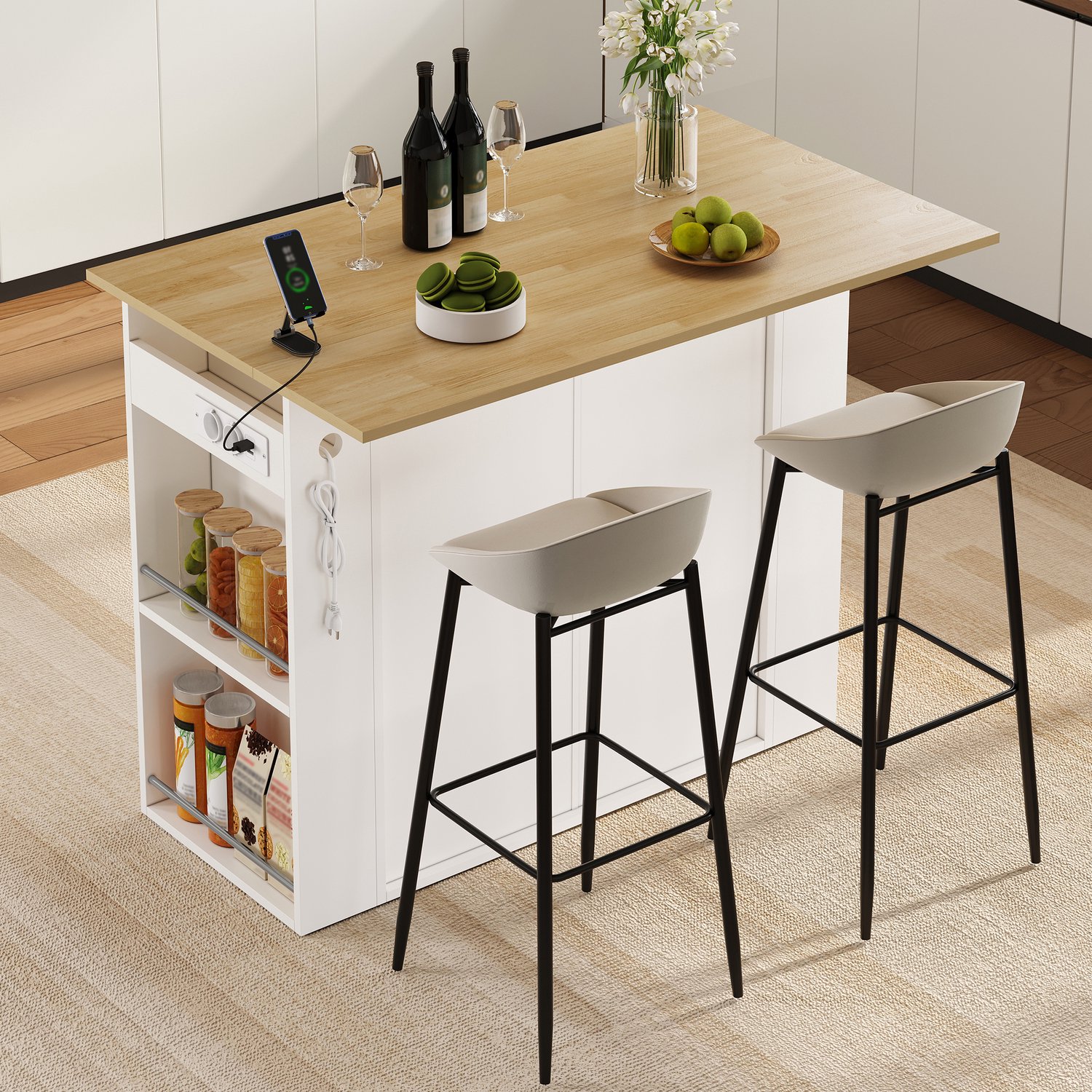 HAUSS SPOLE Keukeneiland - Opklapbaar Werkblad, 2 Deuren En 1 Lade - Voor Keuken En Eethoek - Wit MDF - 120x47 Tot 75x97 Cm