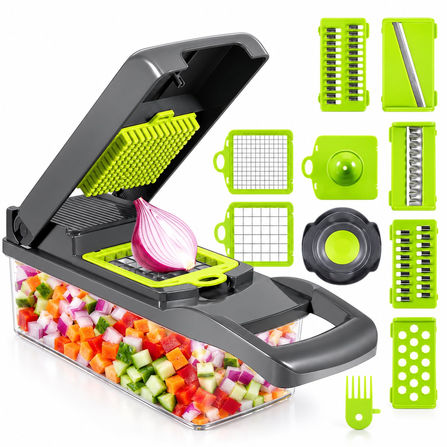 Groentesnijder 16-in-1 - Mandoline Keukensnijder - Handmatige Uiensnijder - Multifunctioneel met Opvangbak - RVS Messen - BPA-vrij