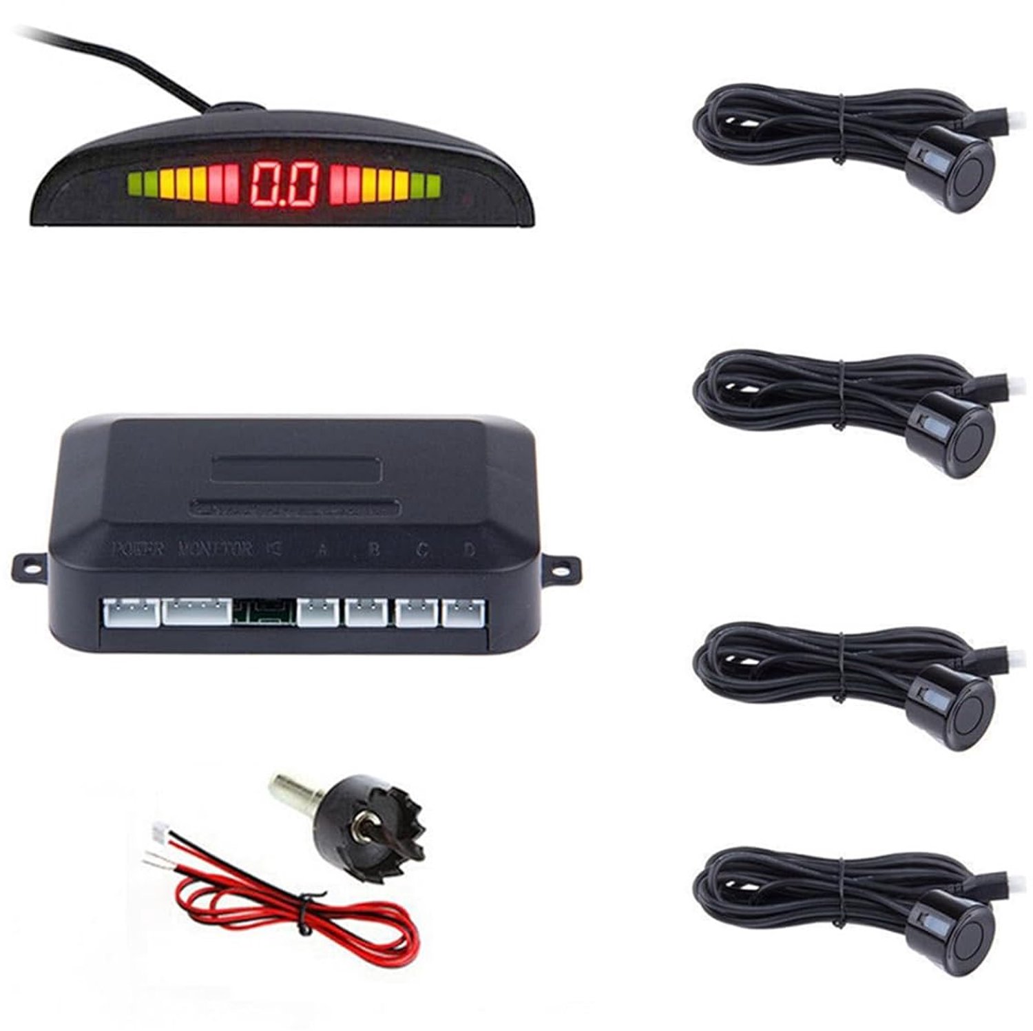 SnelShoppen - Parking Aid PDC Retrofit Kit - 4 Sensors Universele Achteruitrijsensor met LED Kleurendisplay en Geluid Alarm - Zwart 6m Sensor Kabel