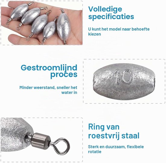 45 Stuks Loodgewichten Set voor Vissen, Olijfvormige Loodgewichten, Drop Shot Gewichten en Grondlood voor Effectieve Vangsten — afbeelding 2